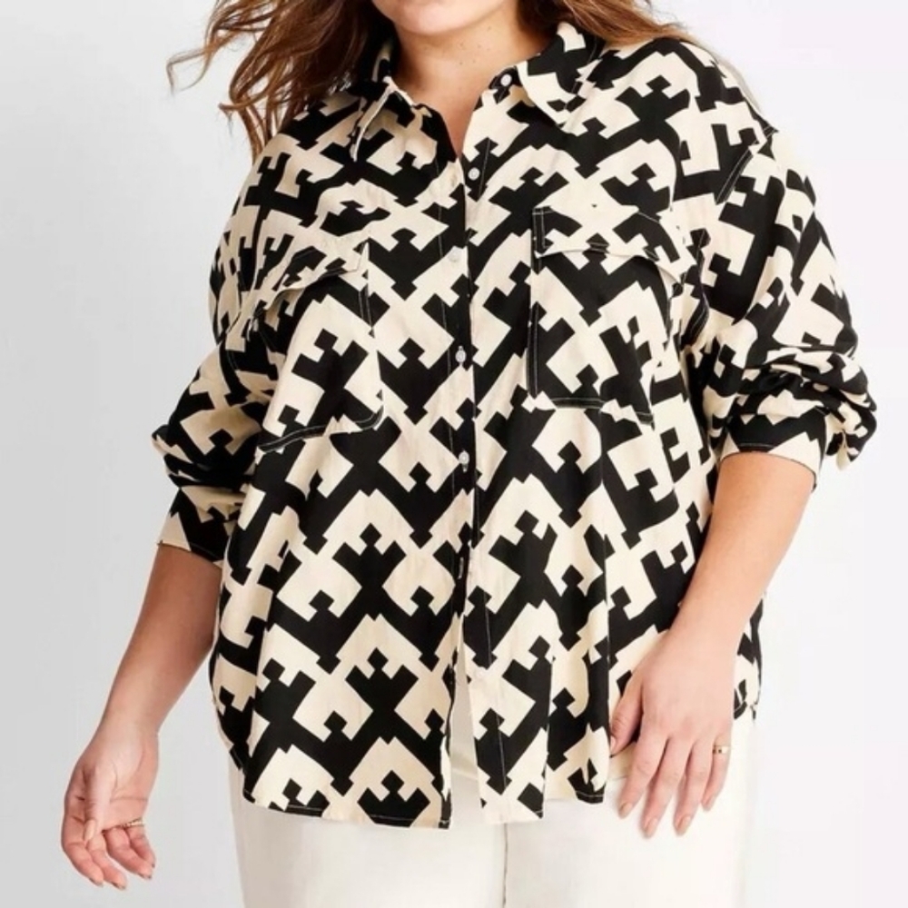 Future Collective x Jenny Lopez Geometric Print Button Up Shirt M Linen Blend